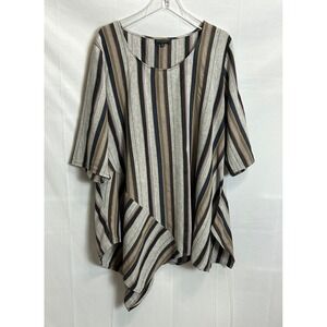For Cynthia Woman 1X Linen Cotton Striped Asymmetrical Handkerchief Tunic Top